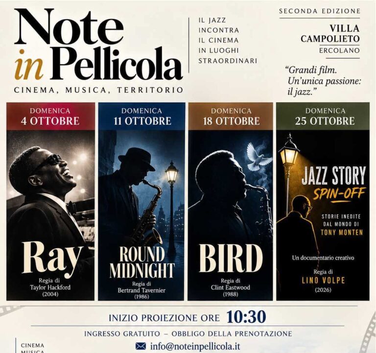 Da oggi Note in Pellicola – Jazz e Cinema: quattro domeniche a Villa Campolieto tra cinema, musica e formazione